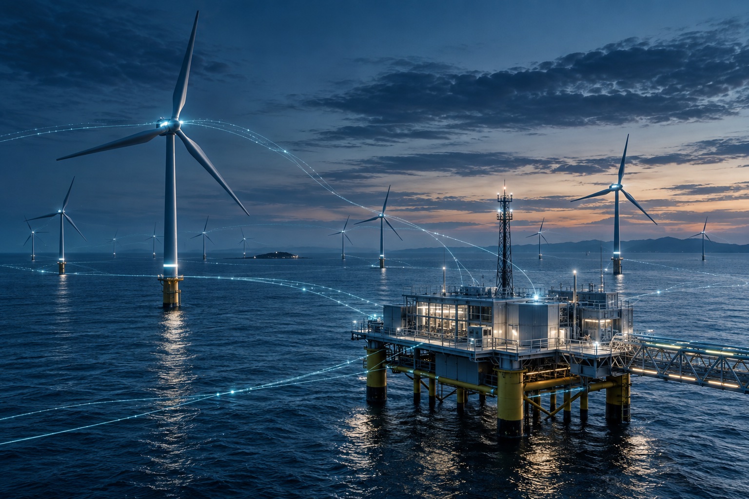 AI-generated concept of energy infrastructure connected by cyan data flows